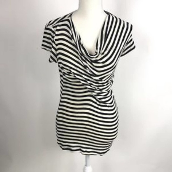 CAbi Drape Cowl Neck Short Sleeve Stripped Stretch Top Black White Size Small - Picture 6 of 6